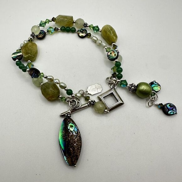 8" Tres Jolie double stranded, Pearl, Stone, abalone shell bracelet in 925! - Picture 5 of 13